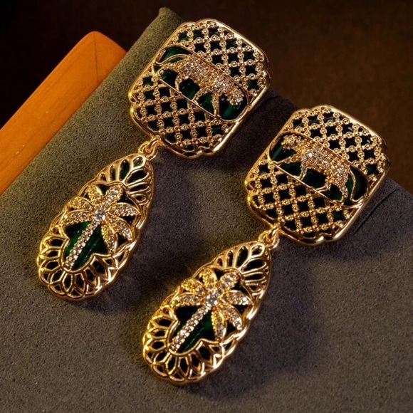 Statement Panther & Palm Drop Earrings – Gold/Green - Picture 4 of 10